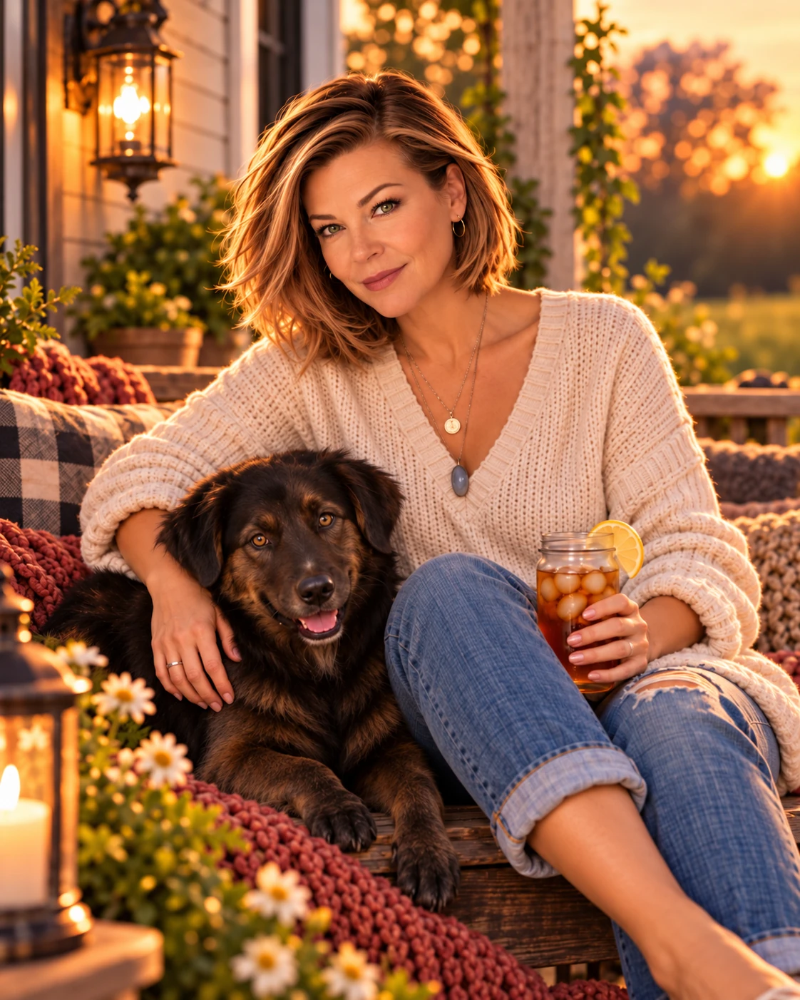 Jamie Killian relaxing on a porch with her dog and a glass of iced tea.