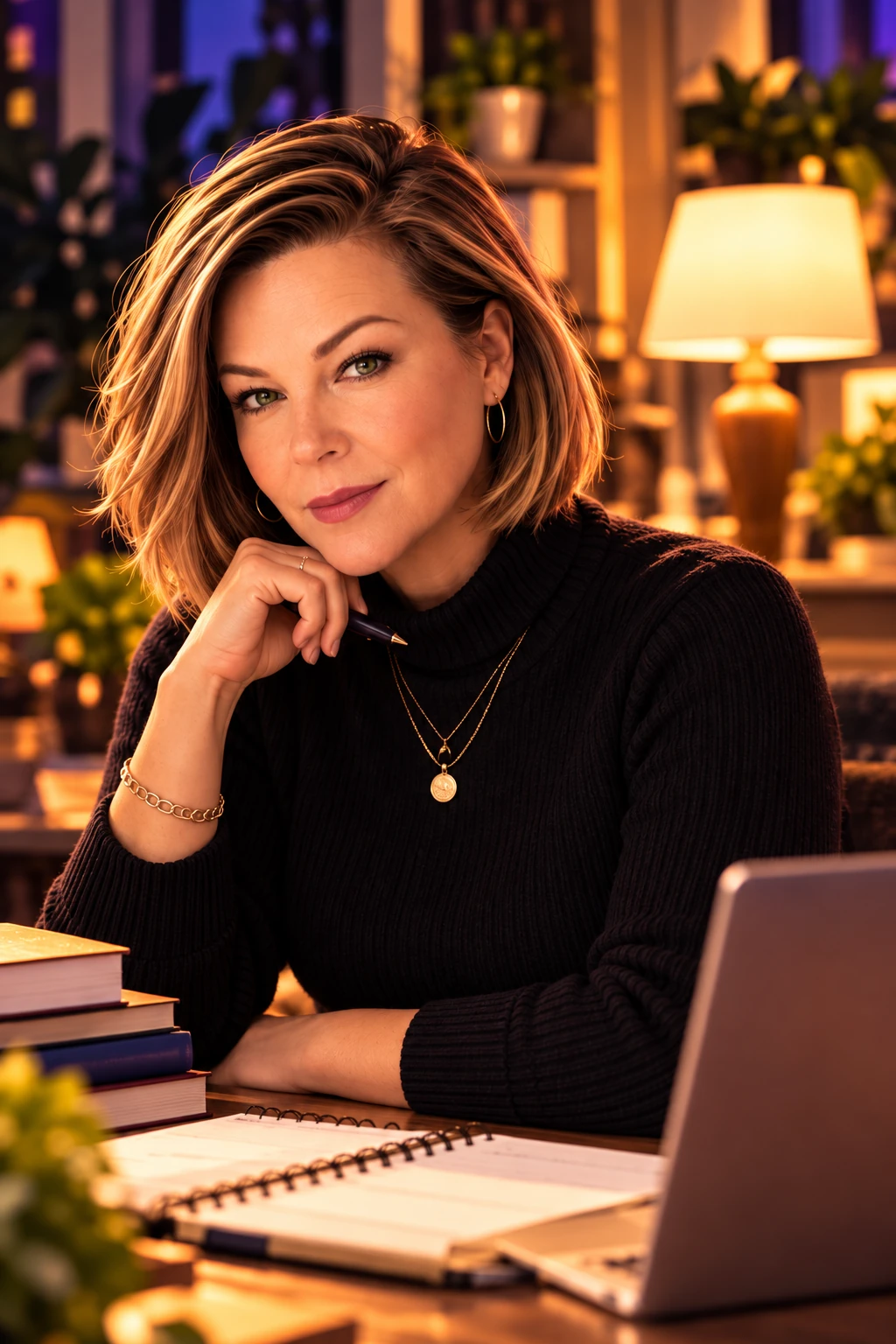 Jamie Killian at her desk in a warm home studio setting.