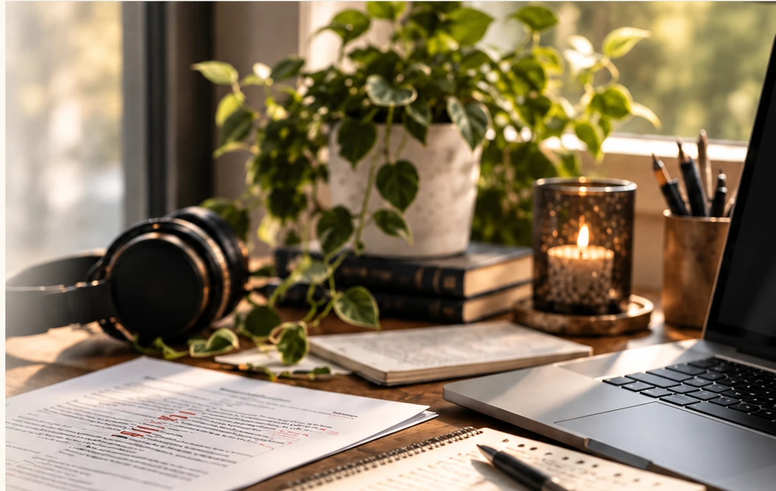 A clean creative workspace with script pages, laptop, headphones, plant, and warm natural light.