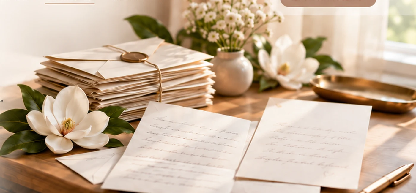 A warm desk with a stack of letters, open notes, and magnolia flowers.